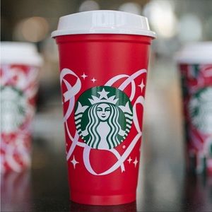 Starbucks 2021 Holiday Swirled Ribbon Reusable Red Grande Hot Cup with Cap